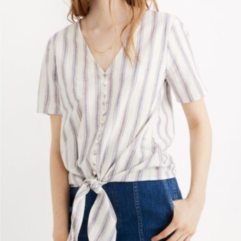 Madewell Striped V-Neck Button-Down Tie-Front Top